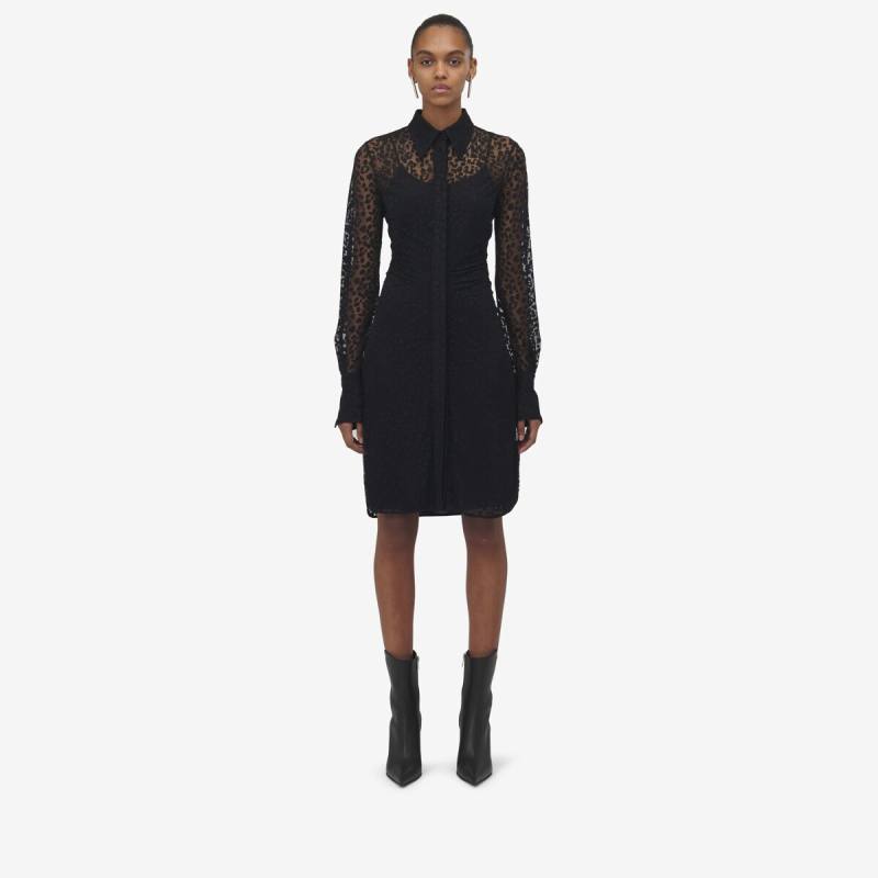Alexander McQueen Women's Black Leopard Devoré Shirt Dress - 2 (Viscose & Polyamide)